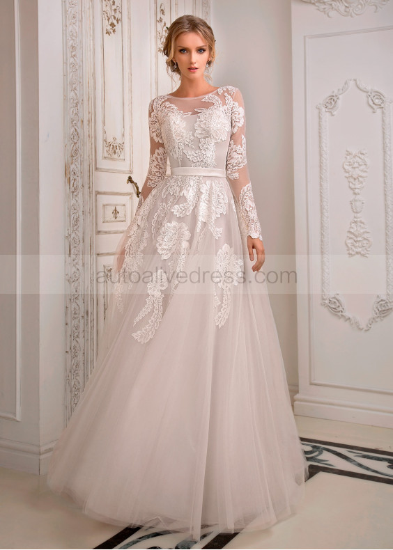 Long Sleeves Ivory Lace Tulle Fairy Wedding Dress